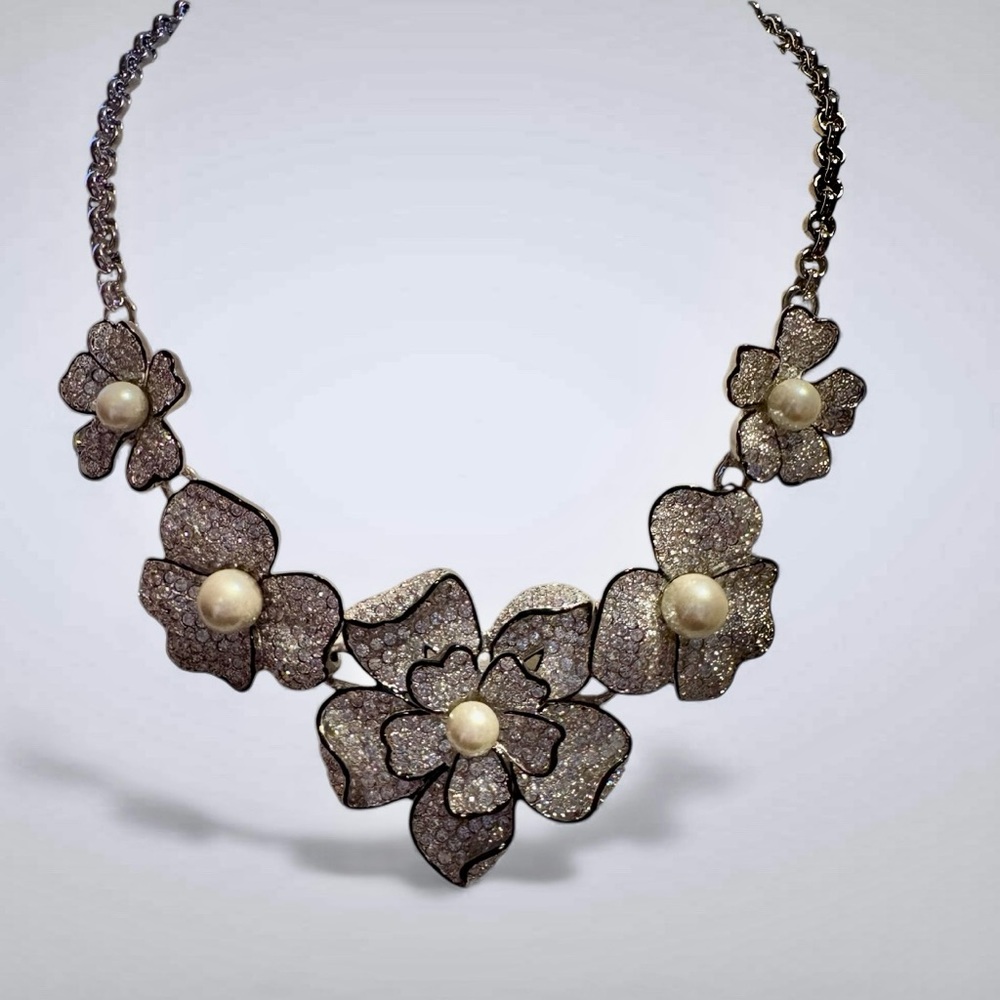 Kenneth Jay Lane Silver Floral Necklace with Pearls